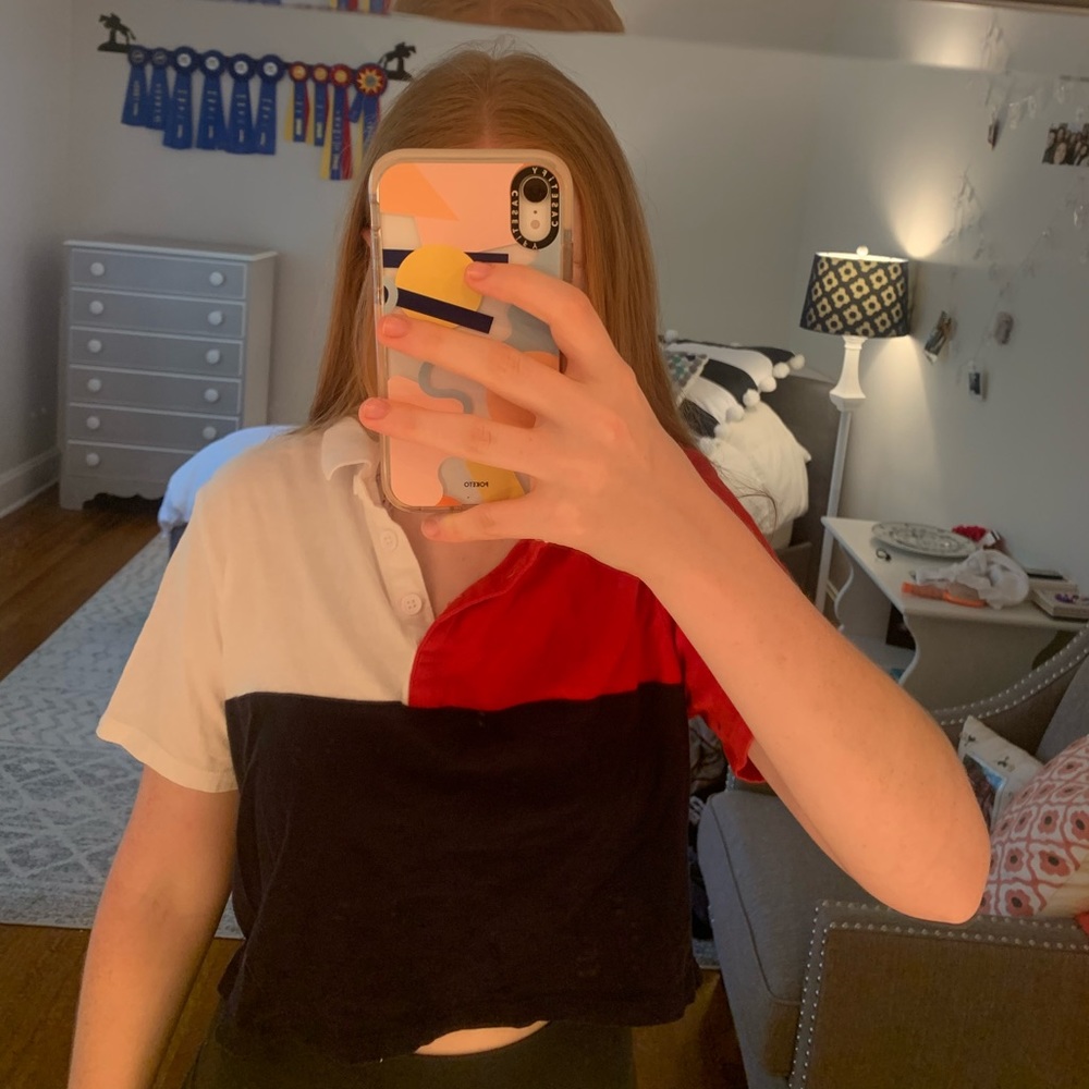 Red white and blue color blocked collared tee